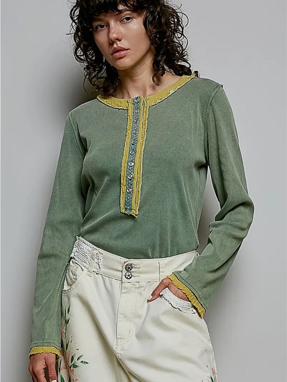 POL-Olive Green Long-Sleeve Henley Top with Contrast Trim
